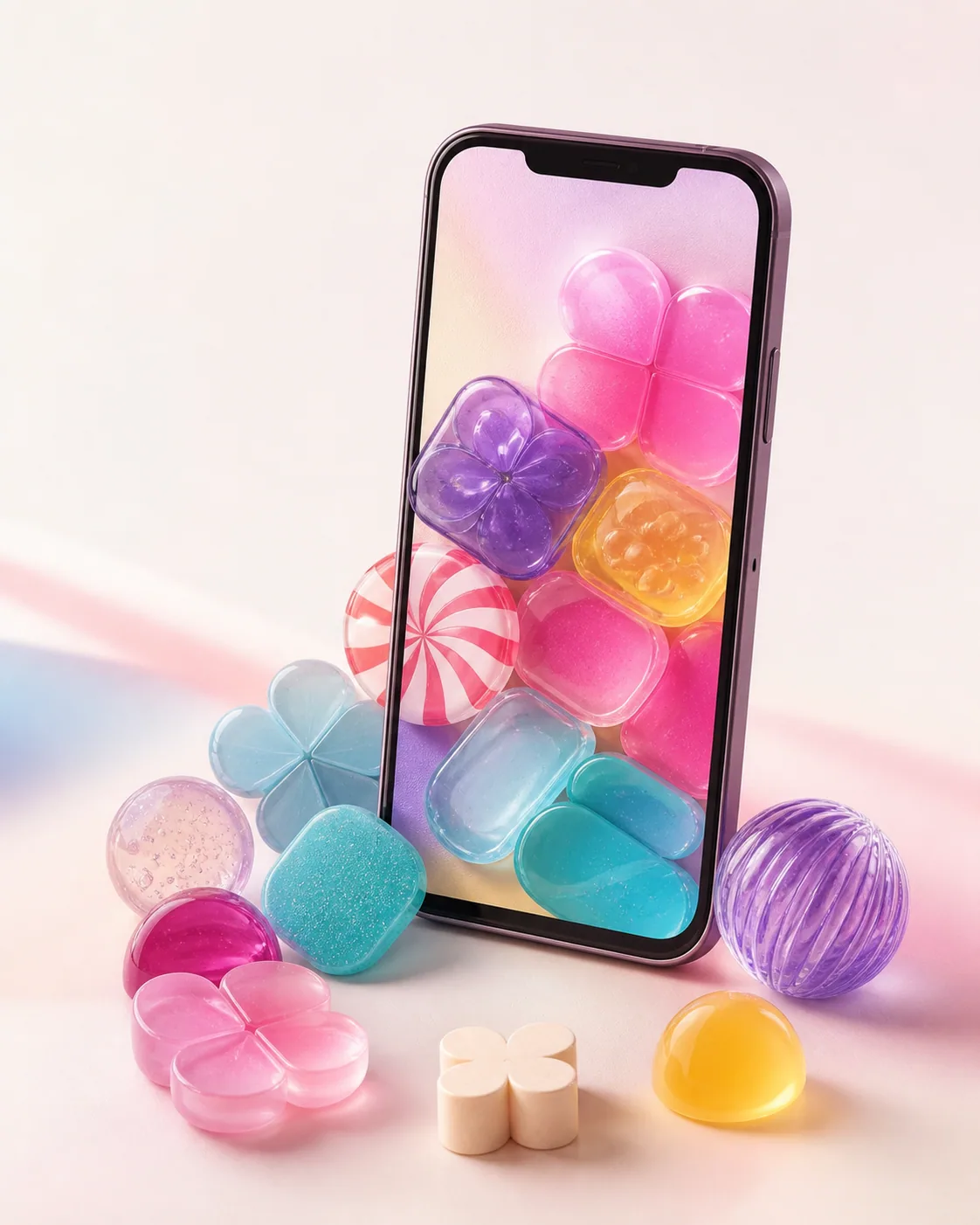 An unbranded smartphone surrounded by translucent abstract candy-like puzzle forms